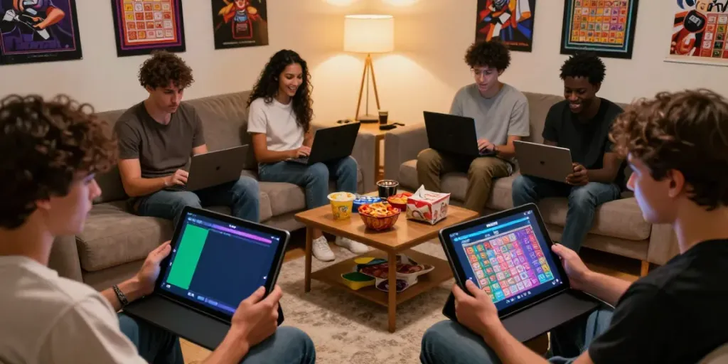 Engaged players exploring AHHA4D lottery options on mobile devices in a cozy setup.