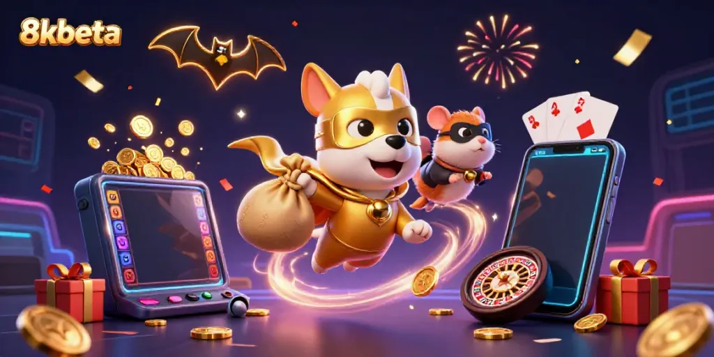 Join the excitement at 8xbeta with a heroic dog flying amidst casino games and riches!