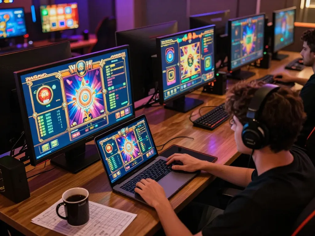 Pengalaman bermain game online yang menarik dengan pemain menikmati mesin slot OKESLOT di laptop.