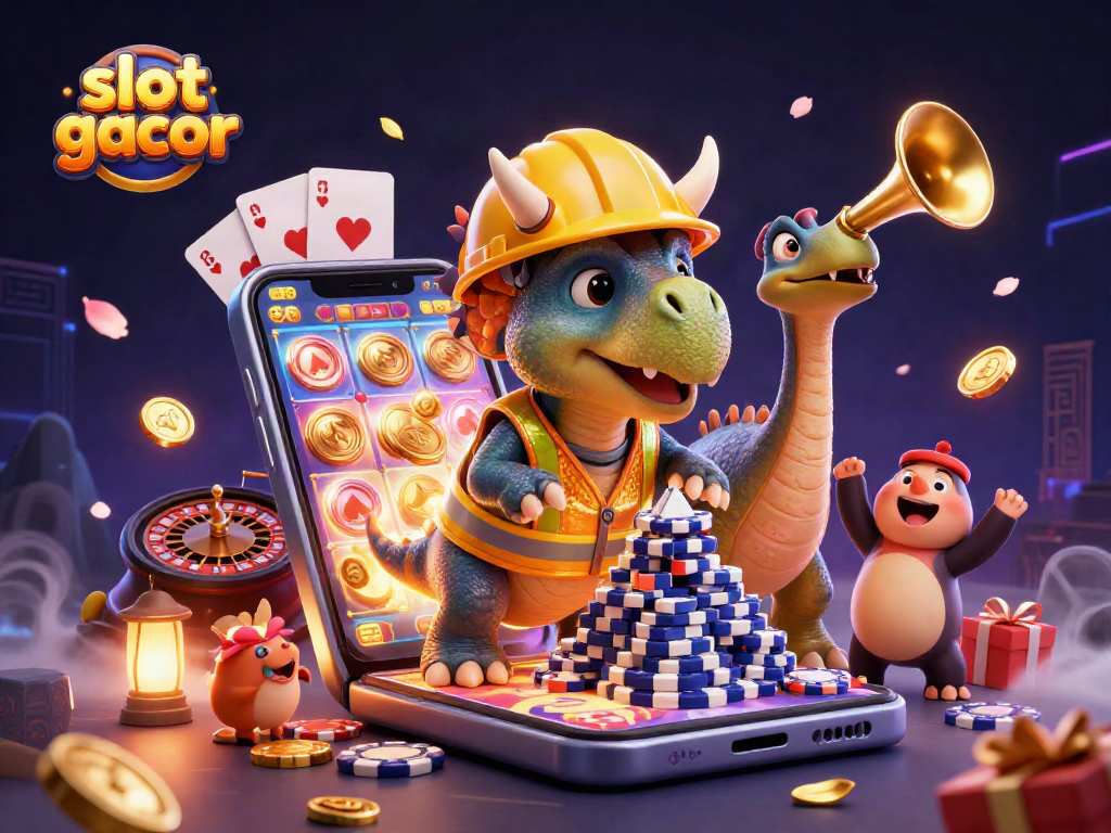Engage with slot gacor as a triceratops builds poker chip pyramid with festive celebration in a vibrant casino setting.
