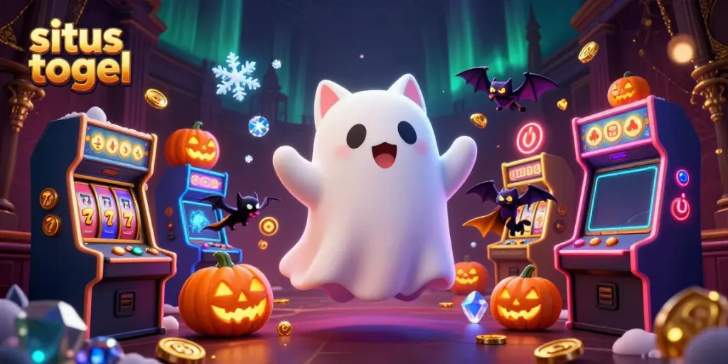 Experience thrilling games at situs togel with a magical ghost cat and bat companion amidst a festive casino