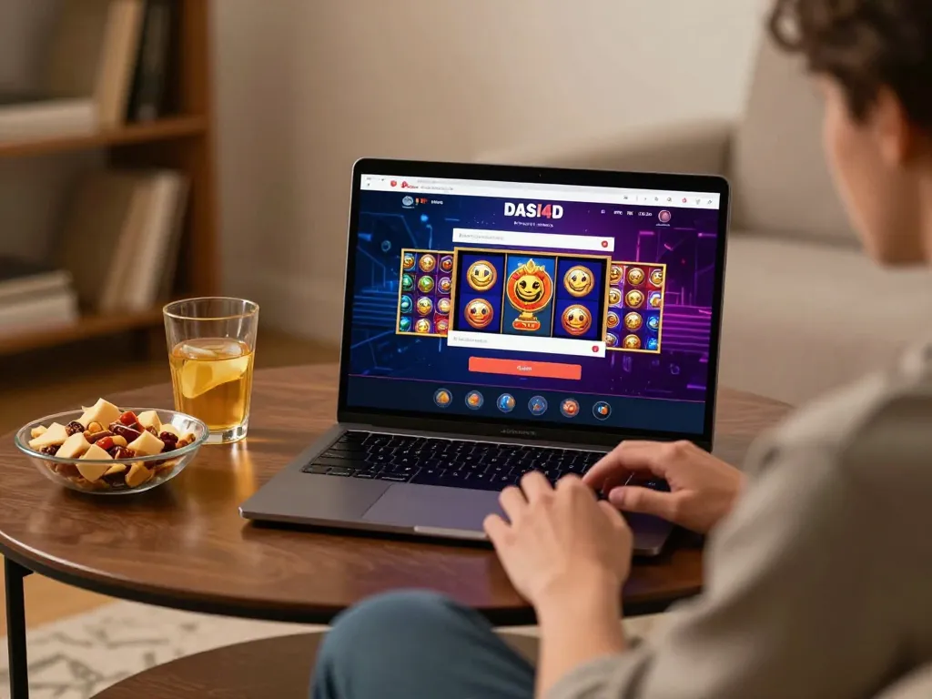Login DASI4D di laptop menampilkan permainan slot online yang menarik dalam pengaturan permainan rumah yang nyaman.