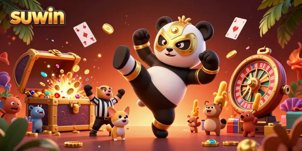 Experience thrilling wins on suwin with a lively combat scene at the casino featuring animated characters.