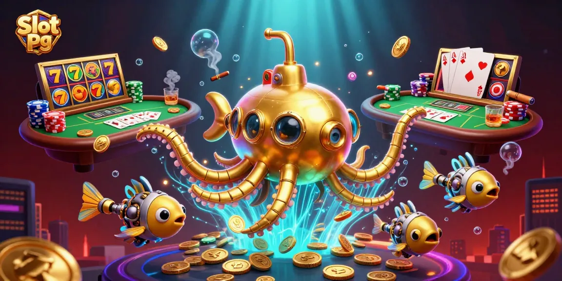 Experience the thrill of Slot Pg with our vibrant kraken submarine and slot reels illustration.