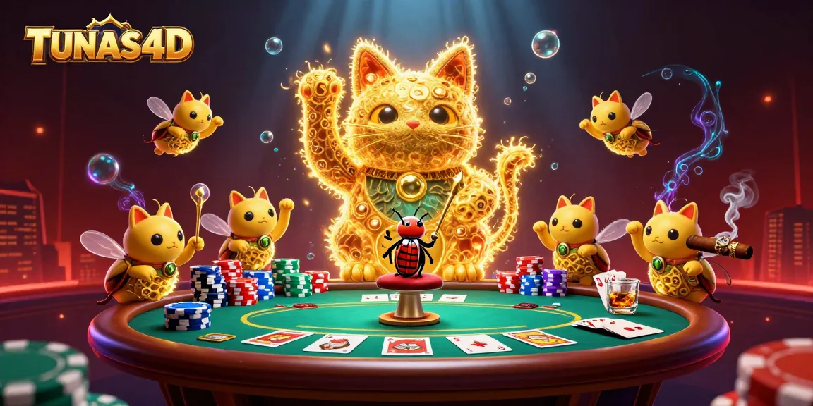 TUNAS4D showcases a vibrant illustration of a lucky cat made from fireflies, surrounded by casino elements.