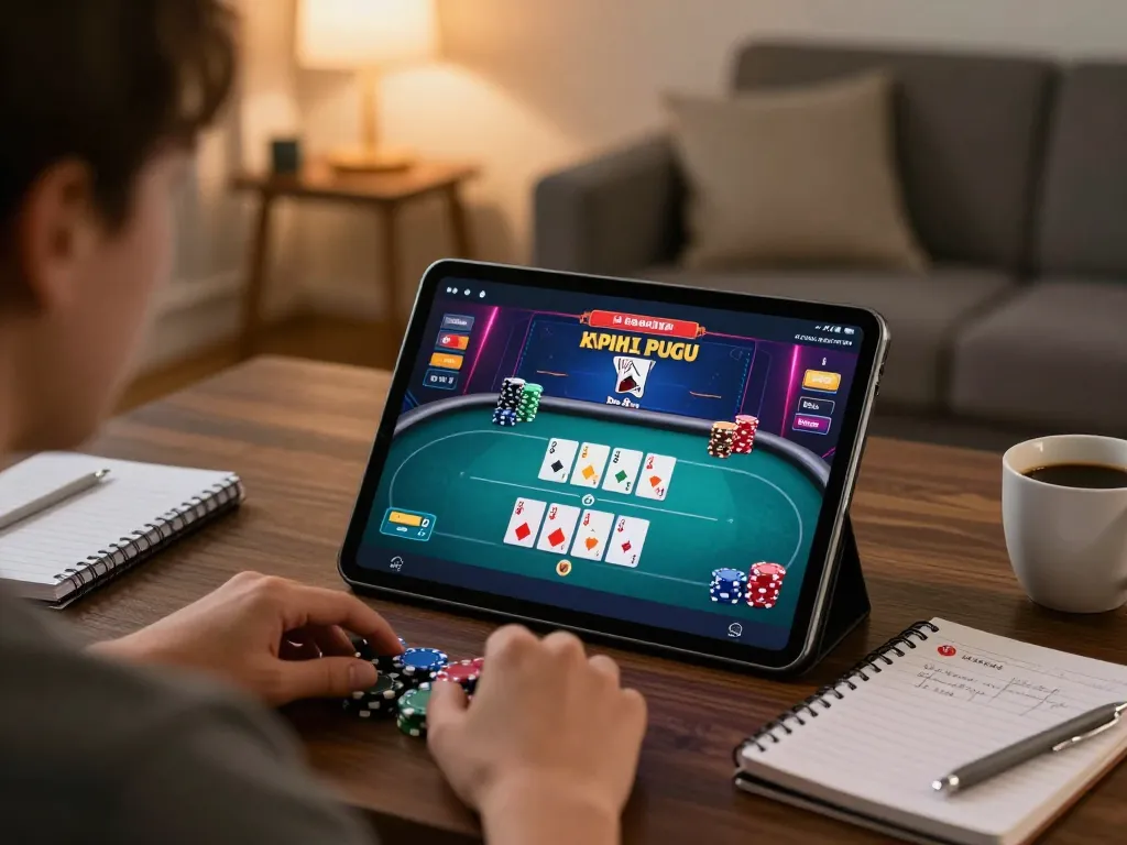 Pengalaman gameplay poker online yang menarik dengan antarmuka ondel4d terlihat di tablet dalam pengaturan ruang tamu