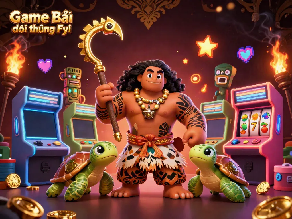 Engaging illustration representing Game Bài Đổi Thưởng Fyi with vibrant characters, slot elements, and glowing decor.