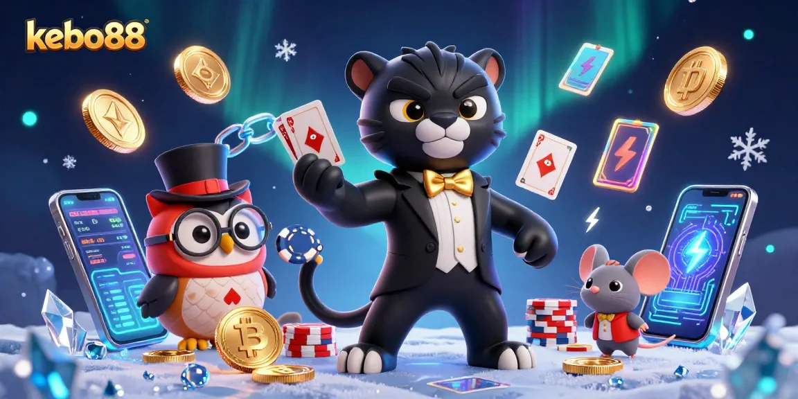 Kebo88 menghadirkan suasana kasino dengan panther dan burung hantu berbagi chip poker dalam ilustrasi 3D