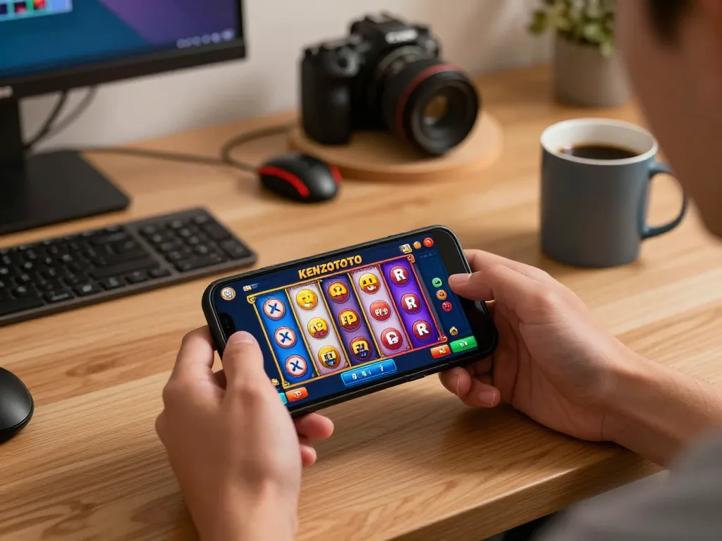 Play slot toto on a smartphone, showcasing high RTP games in a cozy home setting.