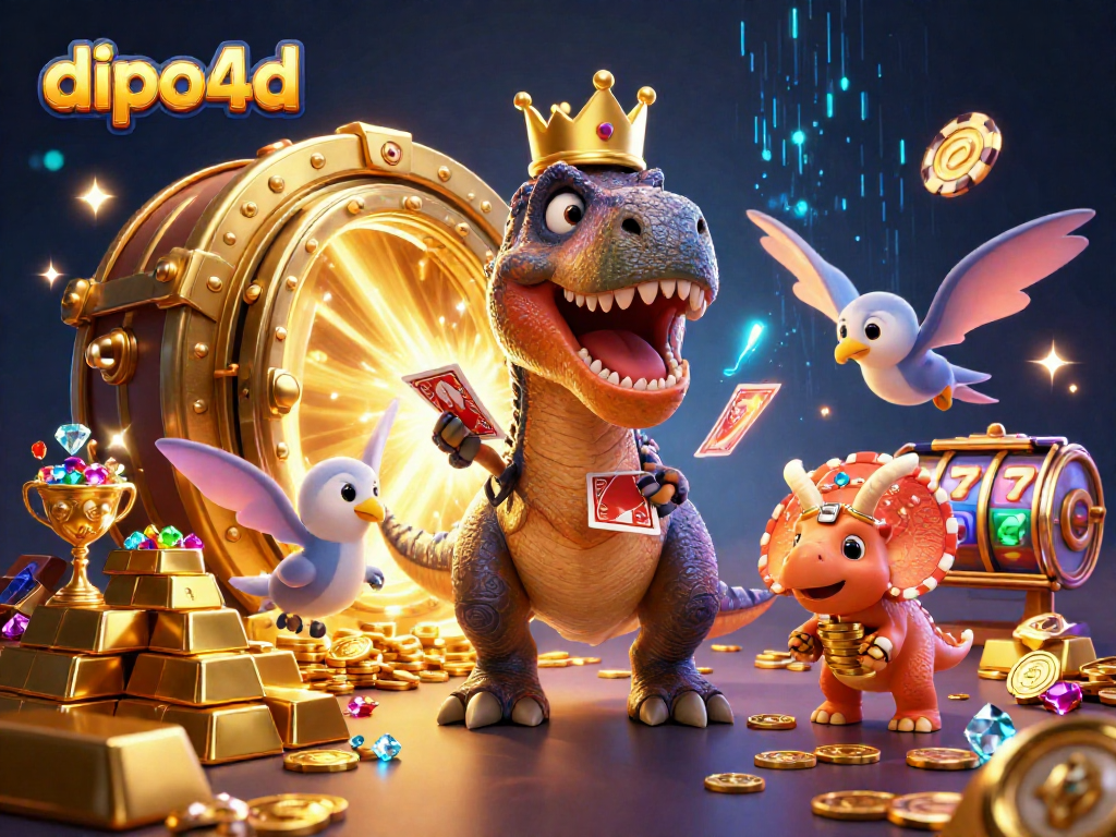 Engaging dipo4d scene with a T-Rex shuffling cards and a pterodactyl assistant amidst vibrant slot reels.