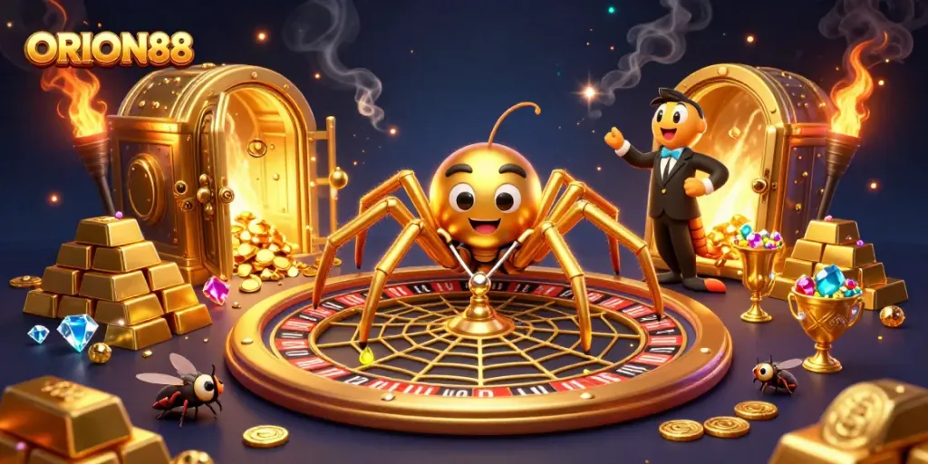Bet on ORION88 as a fly while a golden spider croupier spins a roulette wheel web.