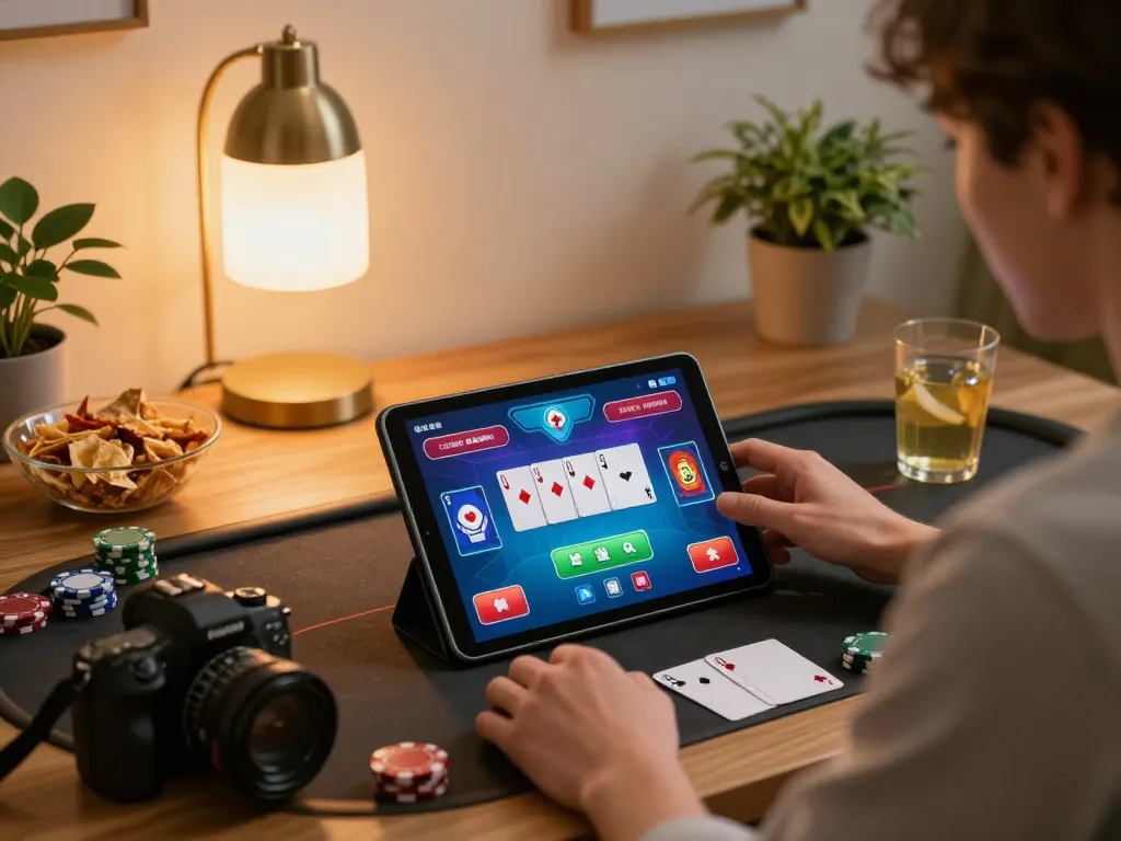 Engaging in strategic poker gameplay on jangkar55, with tablets and snacks around