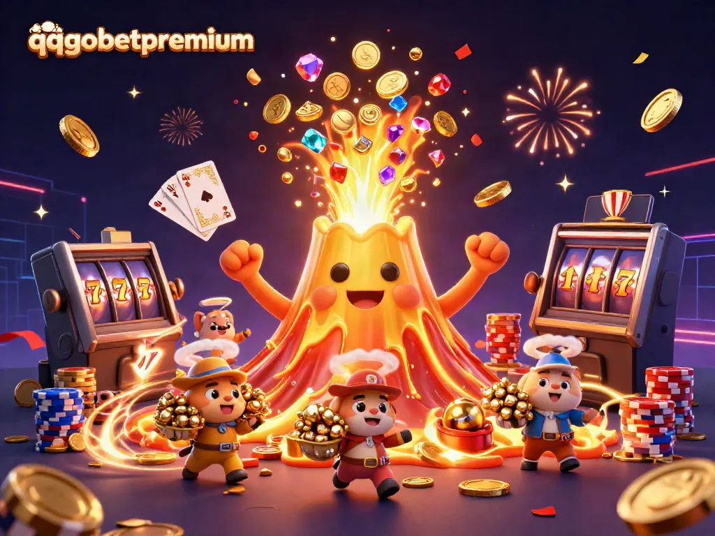 Engage with qqgobetpremium's thrilling online casino gaming experience featuring a golden volcano erupting treasures.