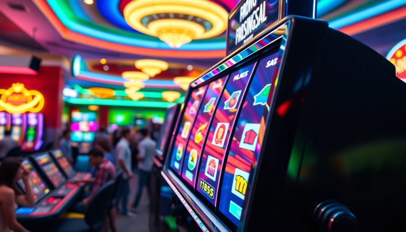 Berinteraksi dengan slot yang bersinar di kasino yang ramai dengan banyak meja permainan.