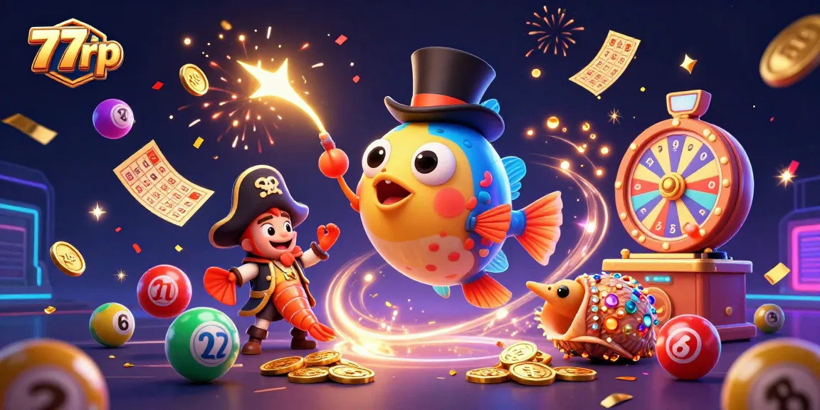 Spin and win at 77rp with vibrant gaming elements and colorful lottery balls in action.