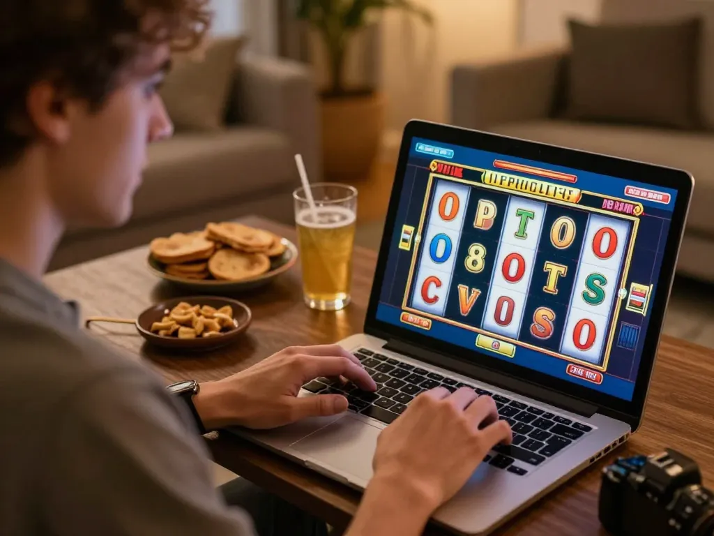 Agen Slot online player spinning colorful reels on laptop in cozy home setting.
