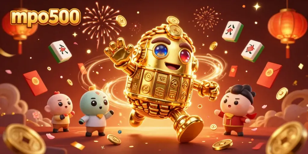 Akses mpo500 dengan simbol slot dan koin emas berputar dalam perayaan yang megah.