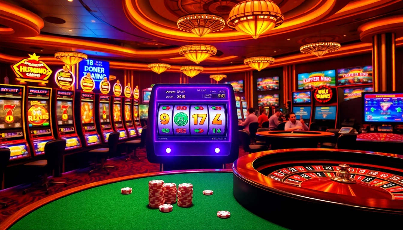 Play exciting demo slots in a vibrant casino setting with colorful lights and engaging action.