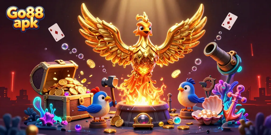 Experience thrilling gameplay with Go88 apk, featuring a golden phoenix and underwater treasures in a vibrant casino world