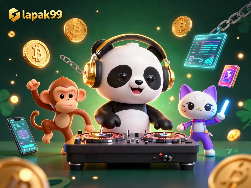 Experience big wins at lapak99 with a lively casino scene featuring a DJ panda and vibrant animations.
