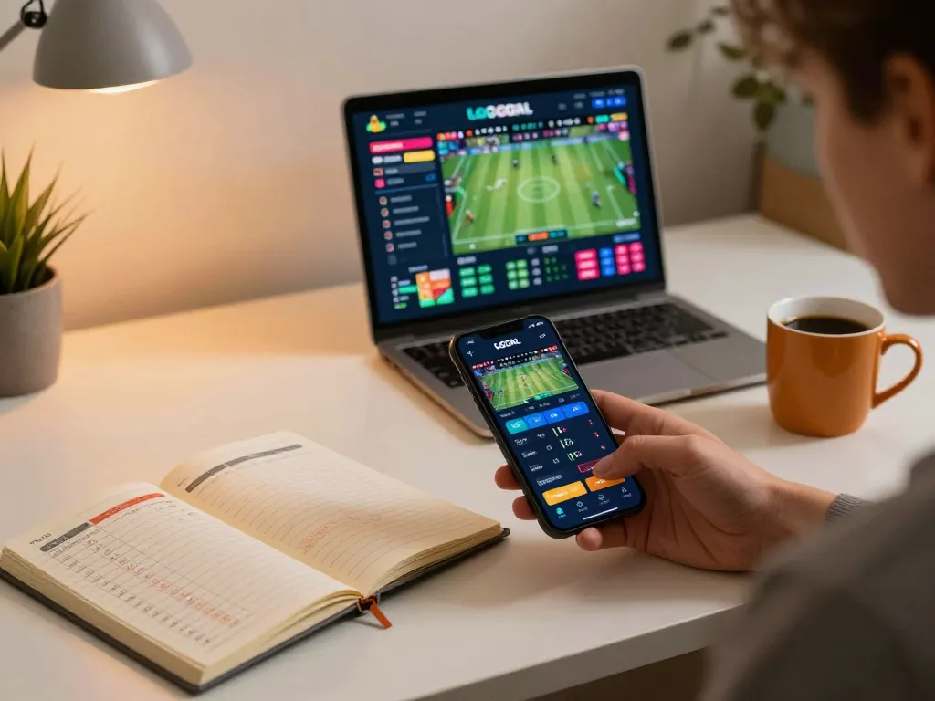 LGO GOAL betting scene with a person using an app in a modern home office, showcasing live sports action.