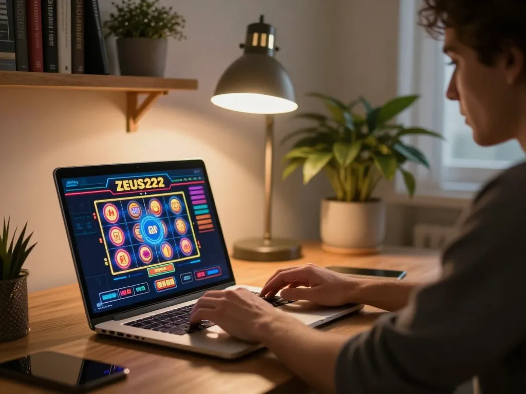 Engaging gameplay session on ZEUS222 online casino platform with vibrant slot graphics in a stylish home office.
