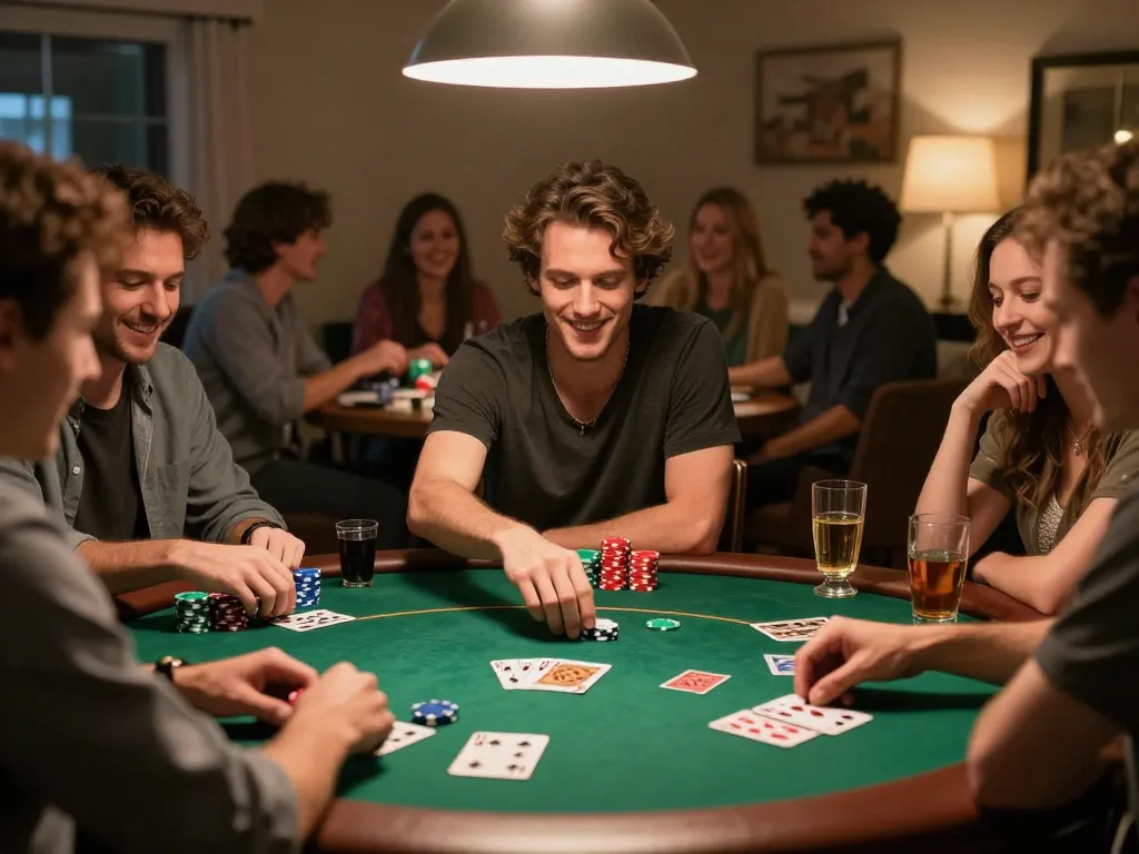 98win players engaging in an exciting home poker game with colorful chips and cards.