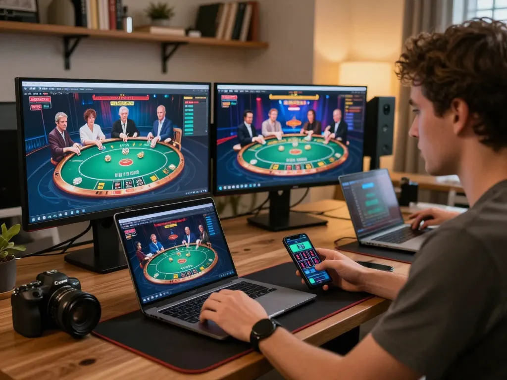Experience 33 win while playing online poker at a modern gaming setup with multiple screens.