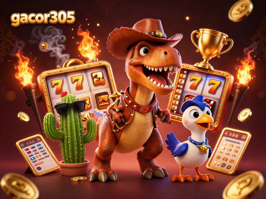 Gacor305 memperlihatkan dino cowboy bermain slot dengan jackpot dan suasana kasino yang meriah.