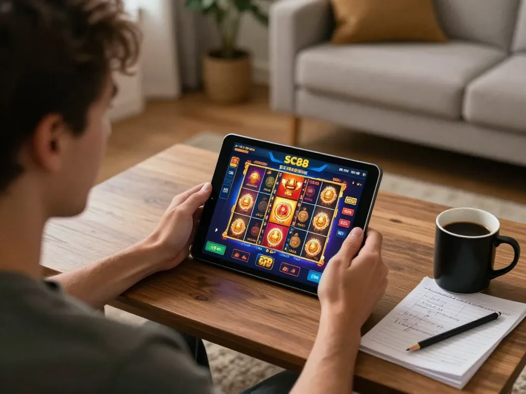 Player engages with SC88 mobile app for exciting online gambling experience in a cozy living room.