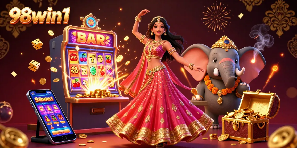 Experience the thrilling 98win1 casino scene with vibrant characters and bursting jackpot elements.