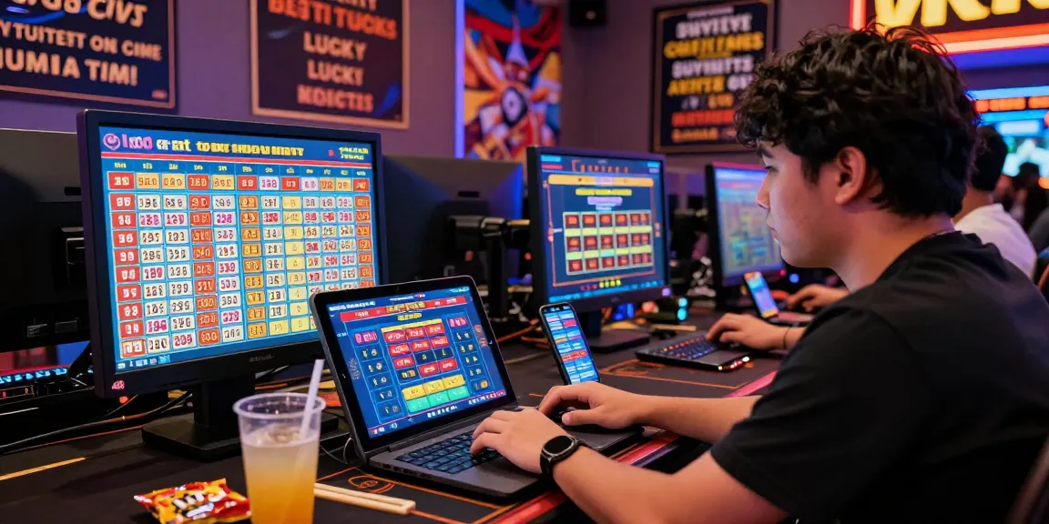 Engaged player in online gaming scenario, placing bets on situs togel with colorful lottery numbers.