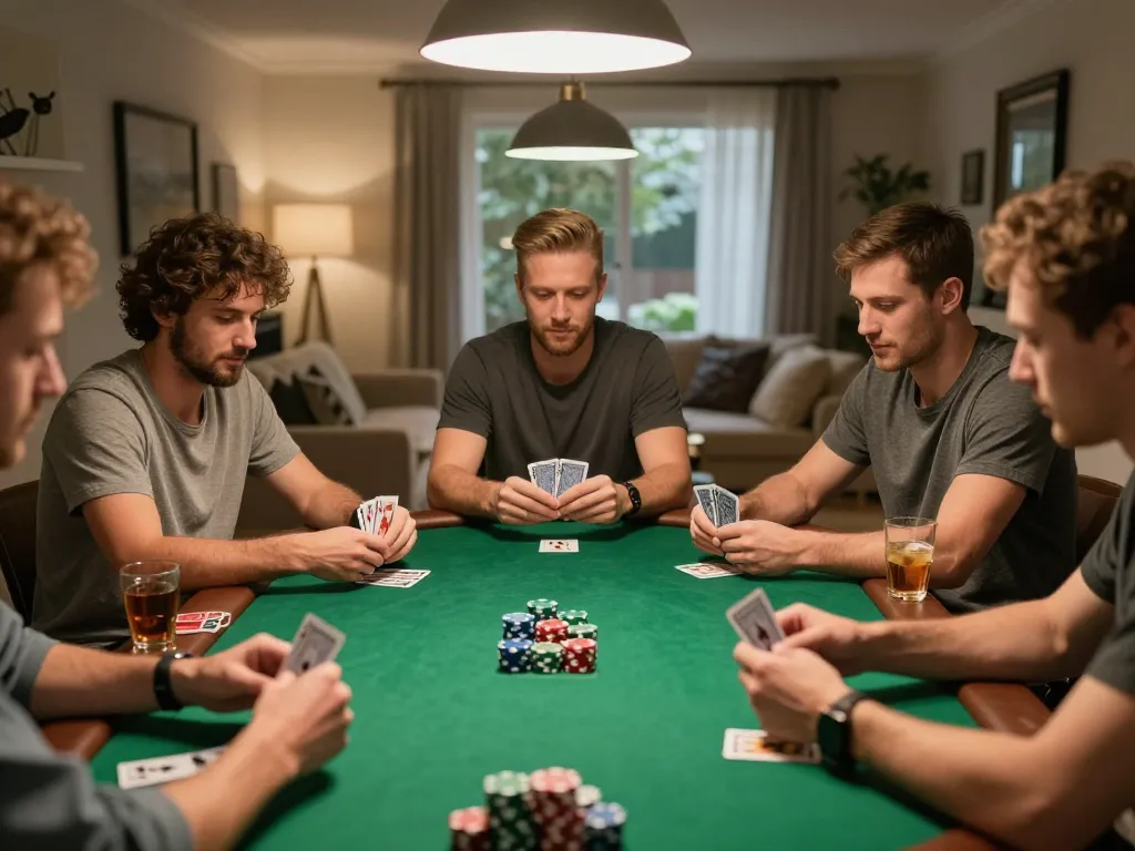 Teman-teman yang terlibat dalam permainan poker intens di rumah, menyoroti strategi taruhan dengan link deluna4d.