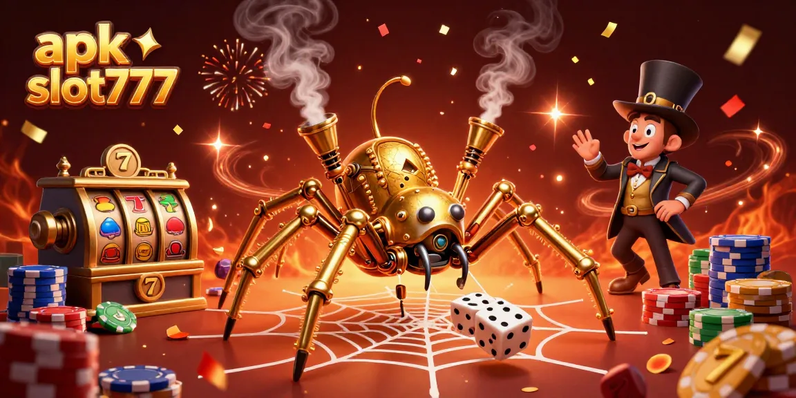 Experience thrilling gameplay with apk slot777, featuring a steampunk spider, poker chips, and vibrant slot reels.