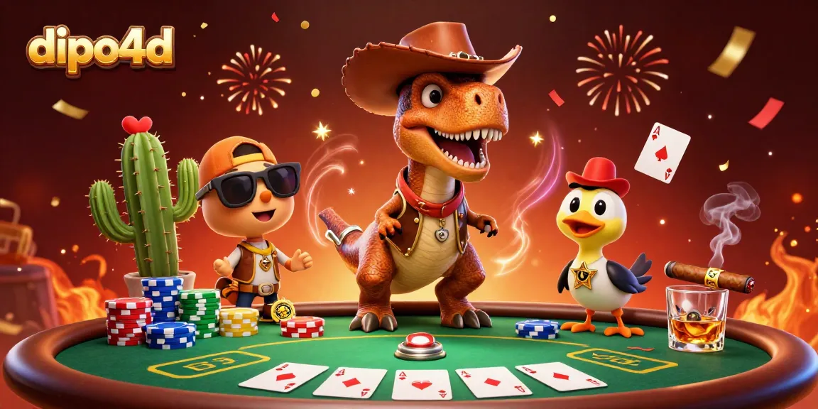 Experience the excitement of dipo4d with a vibrant scene featuring a T-Rex and friends playing poker.