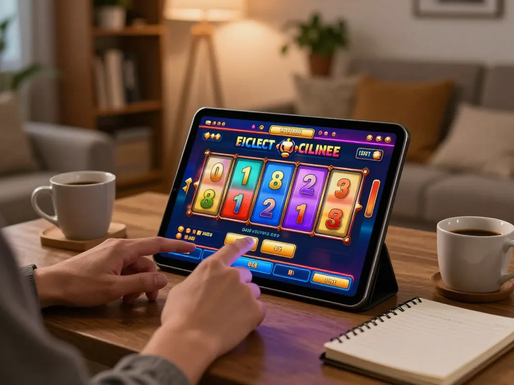 Engaging with Pakde4D online slots on a tablet in a cozy home environment, showcasing gameplay and strategy.