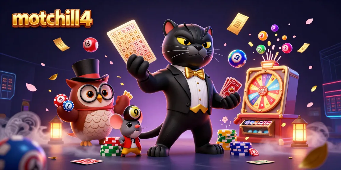 Motchill4 promotes a vibrant gambling scene with a stylish panther dealer and lucky characters amid dynamic casino elements.