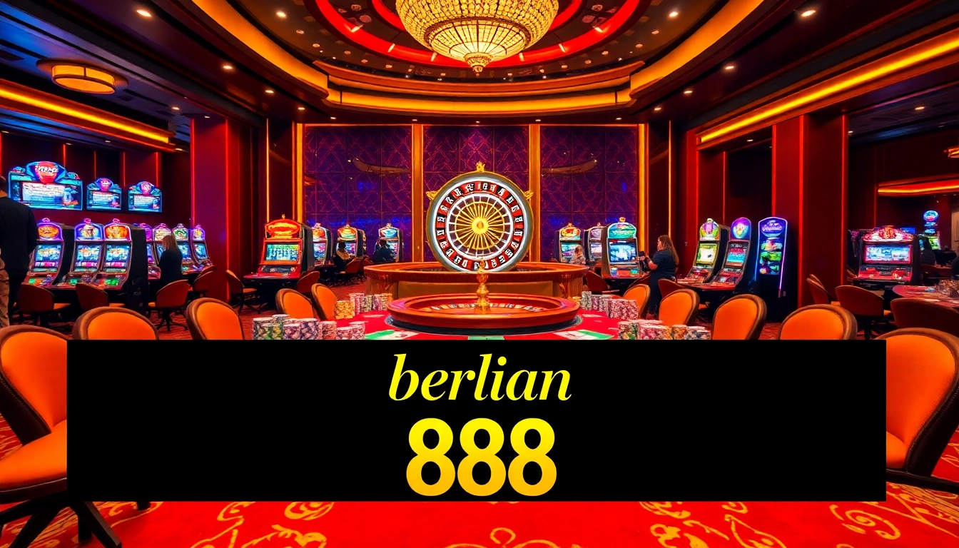 Berlian 888 gaming scene showcasing poker chips and players enjoying slot machines in a vibrant casino atmosphere.