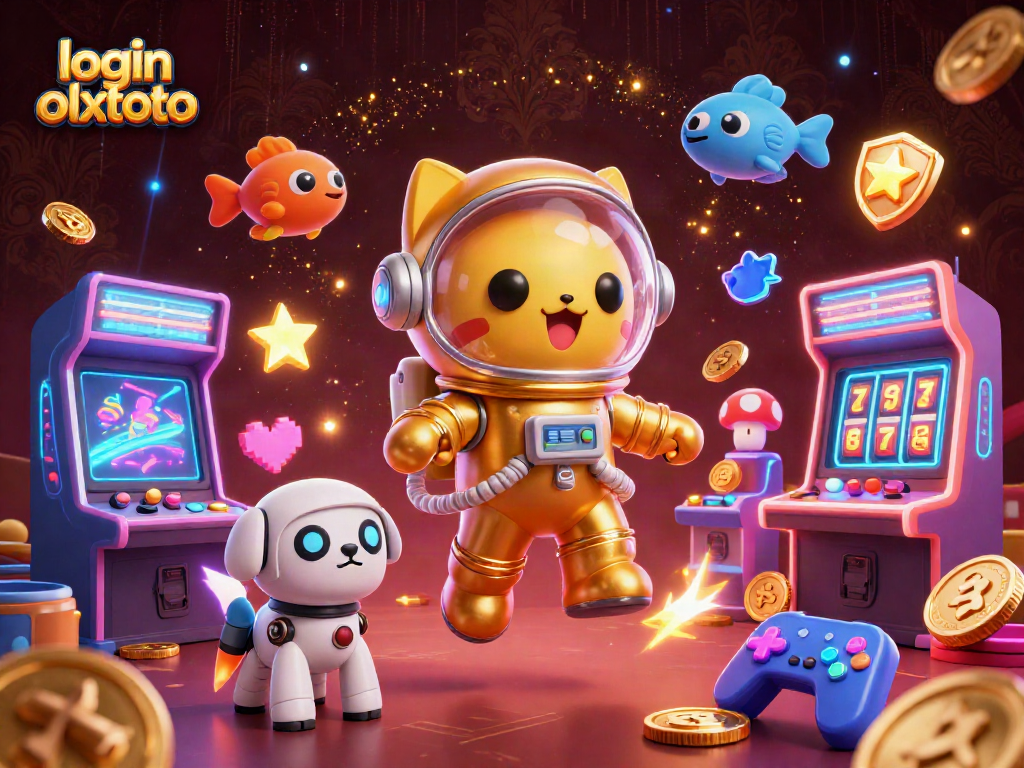 Masuk ke login olxtoto dengan gambar ilustrasi 3D menarik yang menampilkan kucing astronot dan anjing robot di latar kasino.