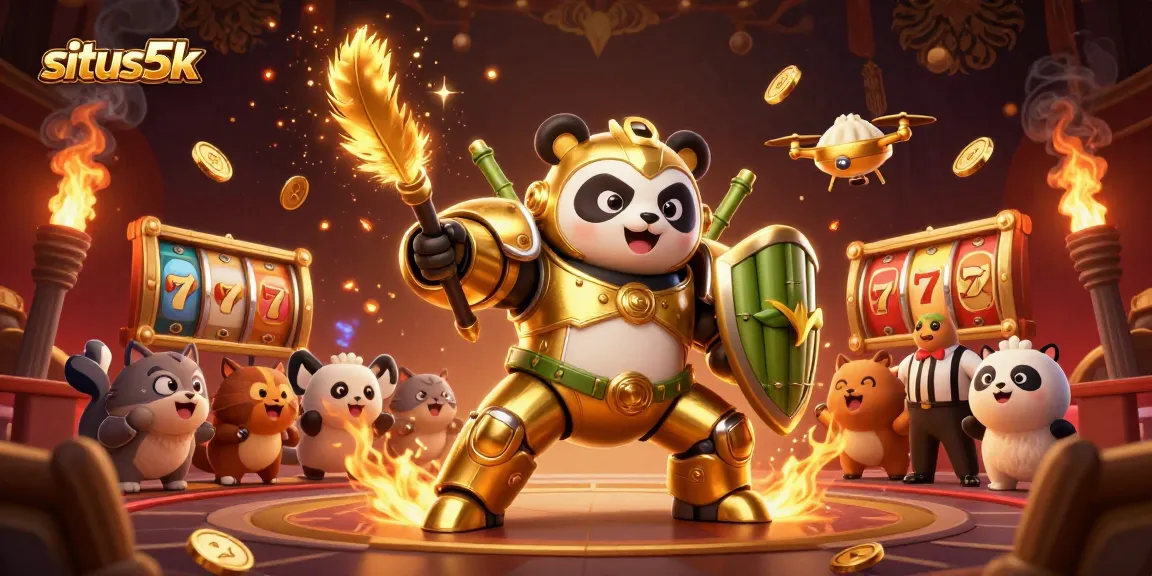 Experience thrilling slot wins at situs5k with a 3D golden panda and adventurous atmosphere.