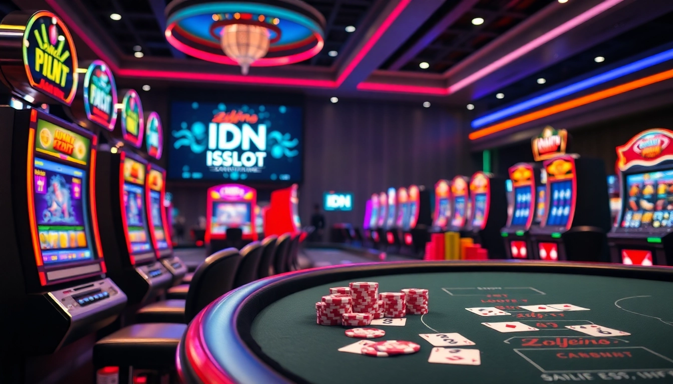 Gambling scene featuring vibrant slot machines and poker chips at an idnslot platform celebrating winnings.