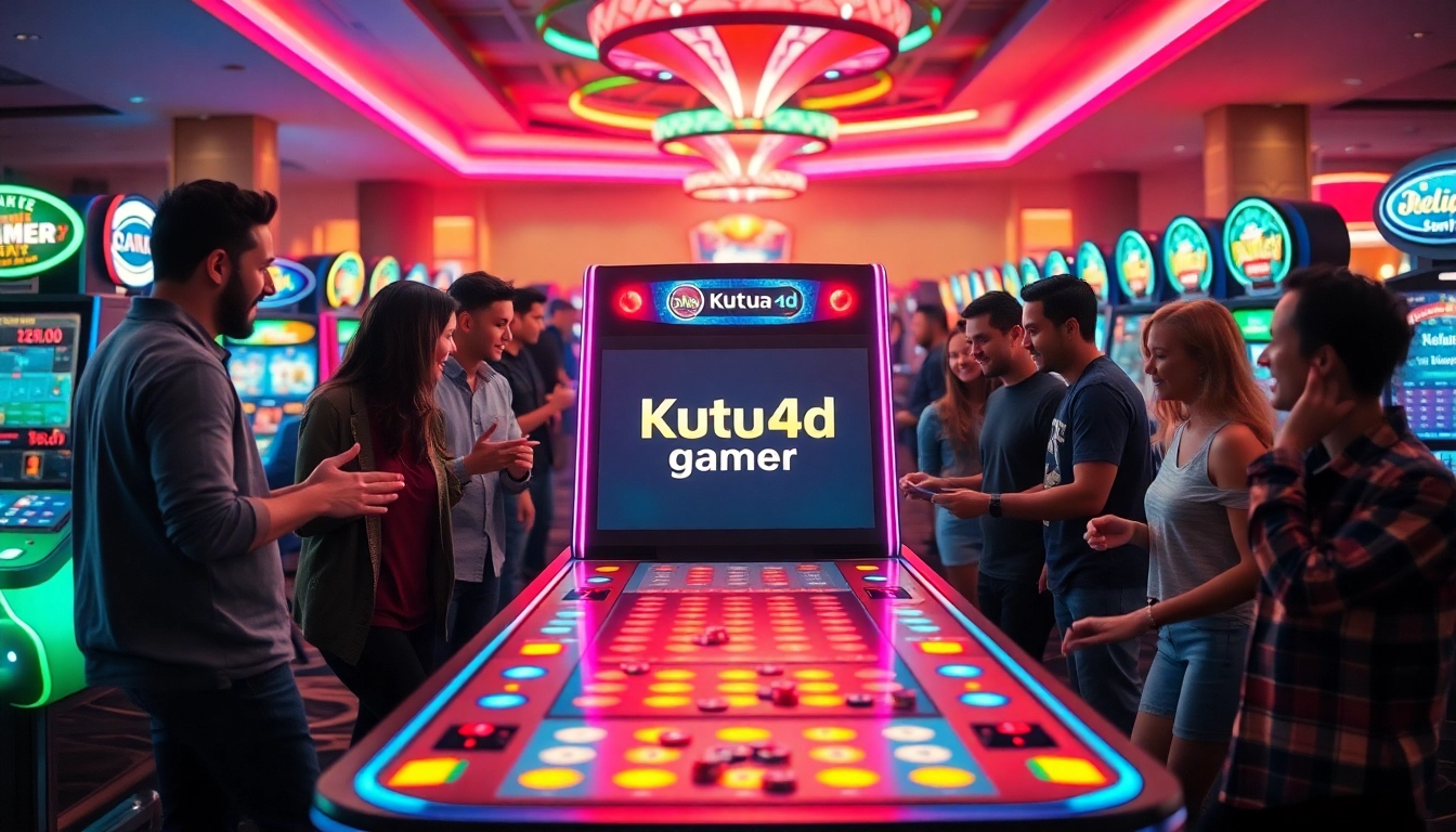 Kutu4d Gamer yang penuh energi di kasino dengan pemain aktif di sekitar mesin permainan modern.