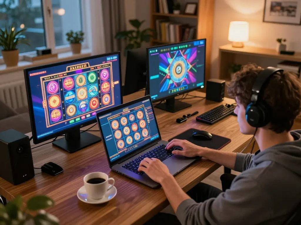 LIGA2000 gaming experience at home with a laptop showing vibrant slot games, emphasizing engagement and comfort.
