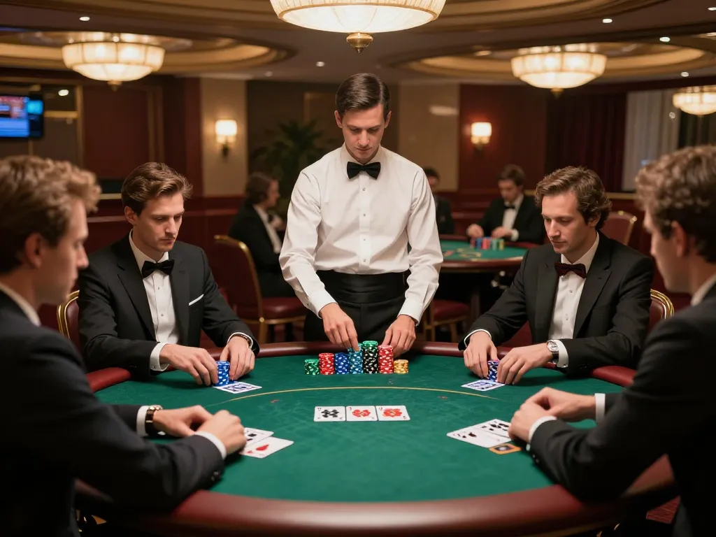 VA88 players strategizing at a high-stakes poker table in an upscale casino.