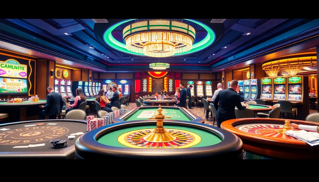 A lively casino scene showcasing players at tables and slot machines, inspired by https://na777unduh.com experiences.