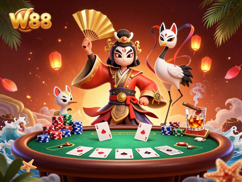 W88 experience immersive poker gaming with kabuki warriors and vibrant casino elements.