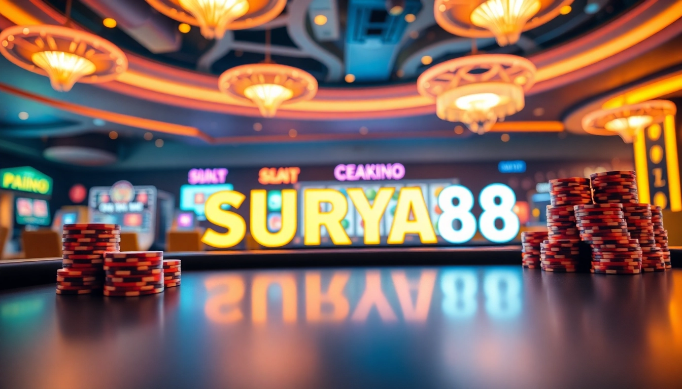 Experience the excitement of SURYA88 alternatif with vibrant slot reels and casino elements.