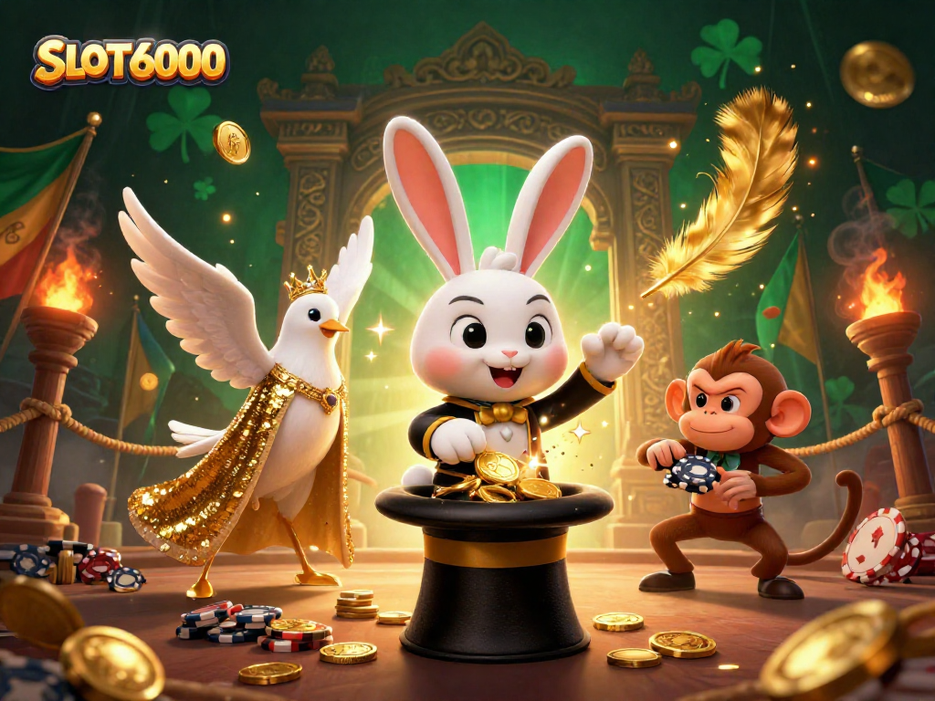 SLOT6000 menghadirkan ilustrasi mengasyikkan dengan kelinci penyihir menarik koin emas dari topi, dikelilingi kemeriahan dunia perjudian.