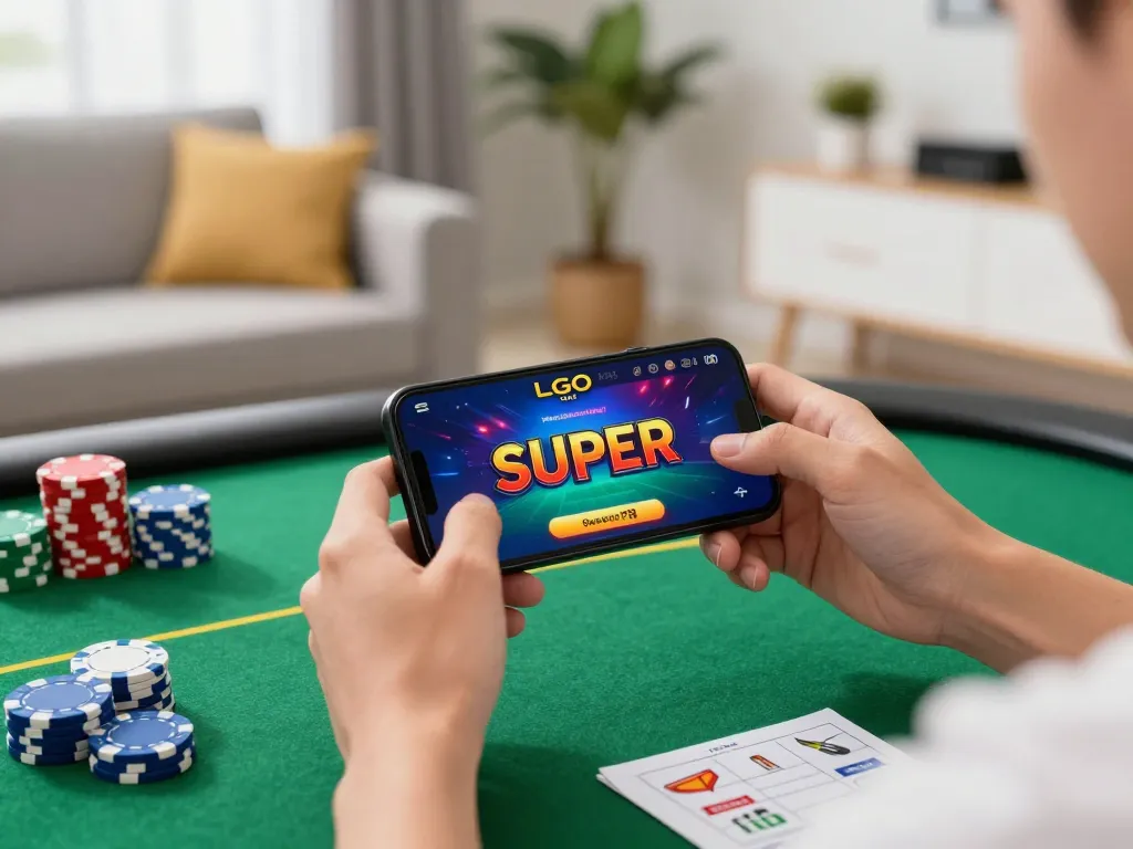LGO SUPER gameplay featuring a player using a smartphone in a lively home setting for a thrilling casino experience.