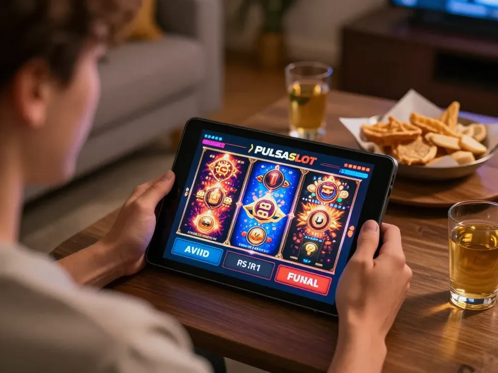 PULSASLOT online gaming interface showing vibrant slot game on tablet in a cozy home
